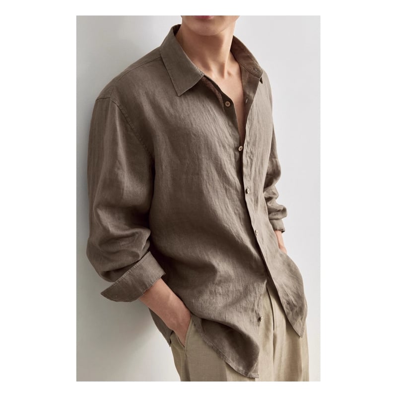 Muška košulja s reverom, od lanene tkanine, opuštenog kroja, dugih rukava, casual stil