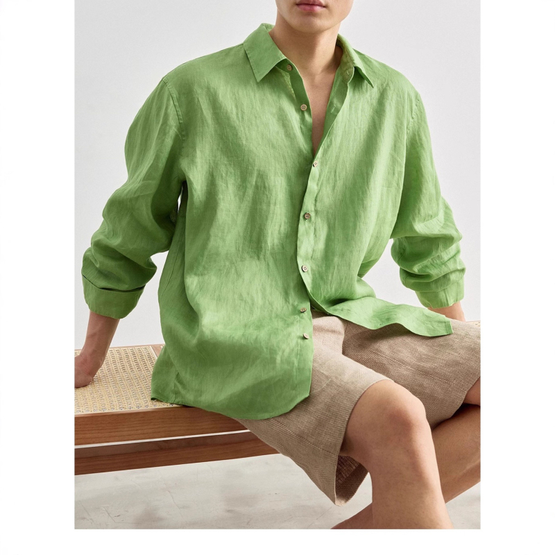 Muška košulja s reverom, od lanene tkanine, opuštenog kroja, dugih rukava, casual stil
