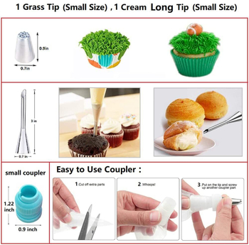 125 darabos cukrásznyomócső készlet fűlevél mintázó fejjel – tortadíszítéshez; anyagok: rozsdamentes acél, PP és szilikon