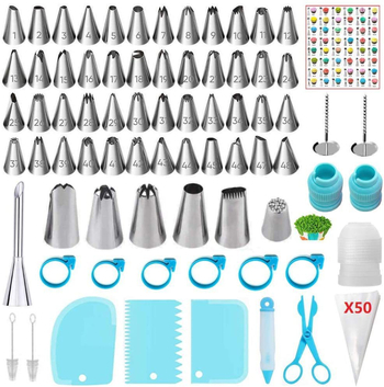 125 darabos cukrásznyomócső készlet fűlevél mintázó fejjel – tortadíszítéshez; anyagok: rozsdamentes acél, PP és szilikon