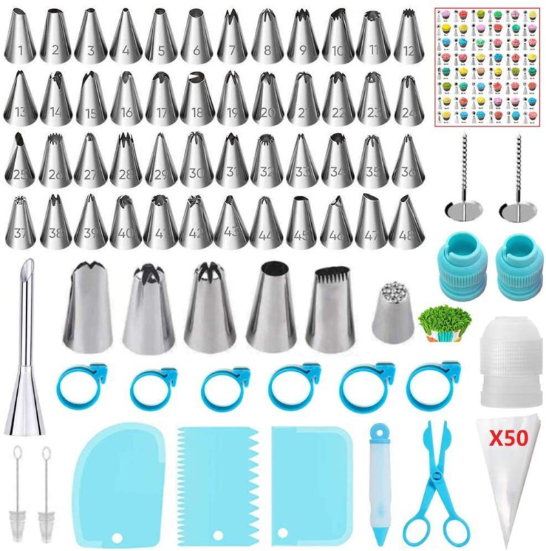 125 darabos cukrásznyomócső készlet fűlevél mintázó fejjel – tortadíszítéshez; anyagok: rozsdamentes acél, PP és szilikon