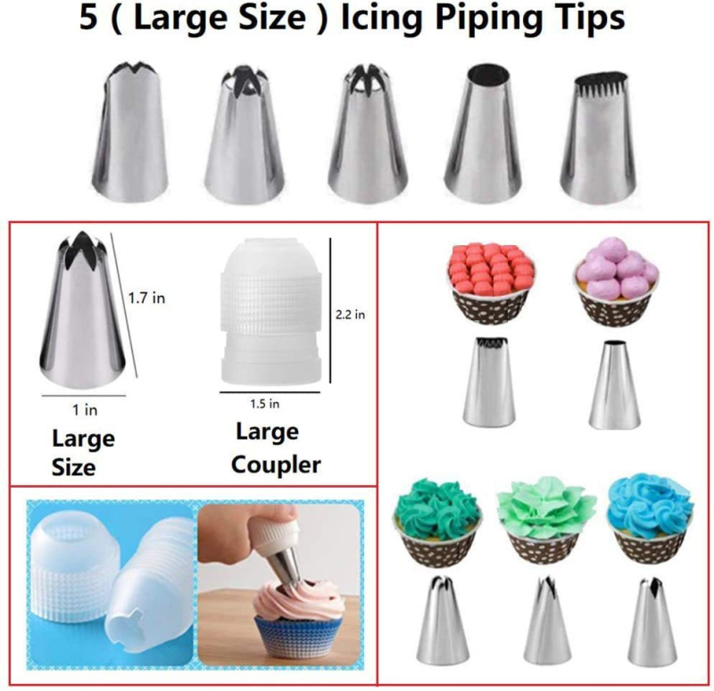 125 darabos cukrásznyomócső készlet fűlevél mintázó fejjel – tortadíszítéshez; anyagok: rozsdamentes acél, PP és szilikon