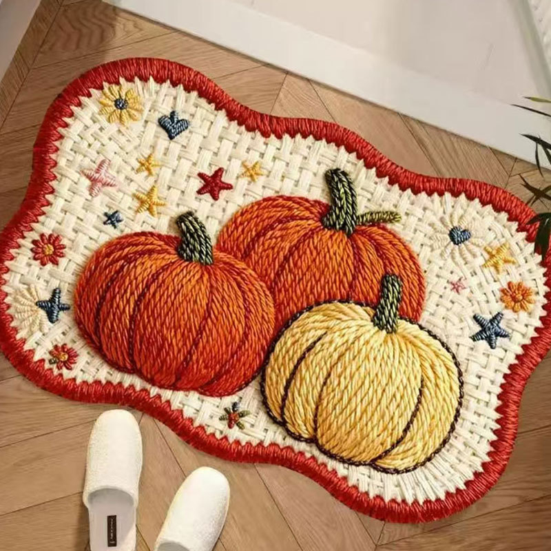 Кръгла ленена подложка за пода с карикатурна тиква – печат с трансфер на топлина, миеща се, за кухня и баня