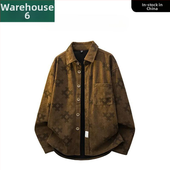 Jachetă-cămașă pentru bărbați cu imprimeu în grilă, 100% poliester, guler rever, croială lejeră