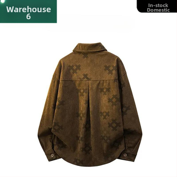 Jachetă-cămașă pentru bărbați cu imprimeu în grilă, 100% poliester, guler rever, croială lejeră