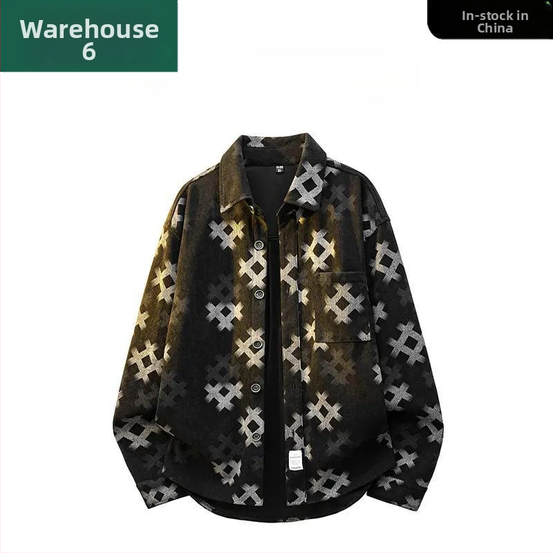 Jachetă-cămașă pentru bărbați cu imprimeu în grilă, 100% poliester, guler rever, croială lejeră