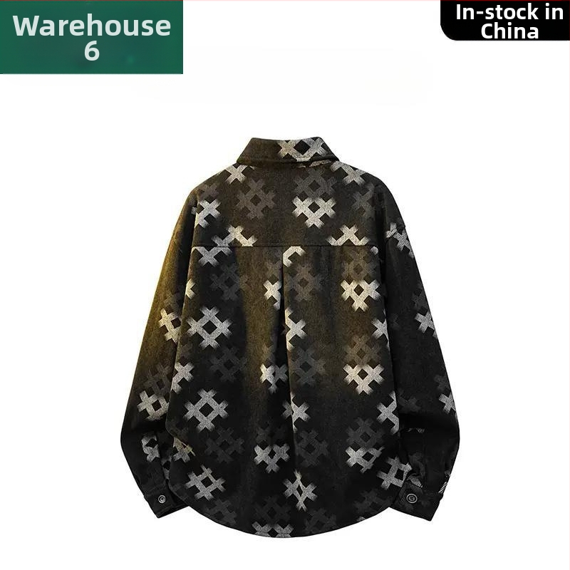 Jachetă-cămașă pentru bărbați cu imprimeu în grilă, 100% poliester, guler rever, croială lejeră