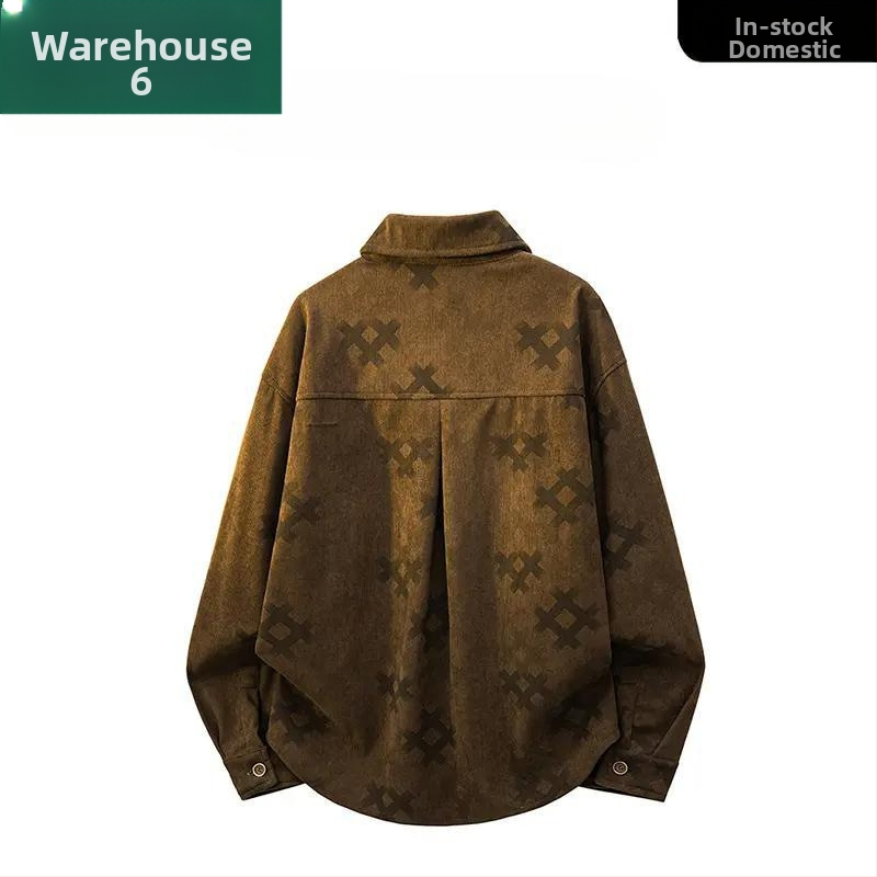 Jachetă-cămașă pentru bărbați cu imprimeu în grilă, 100% poliester, guler rever, croială lejeră