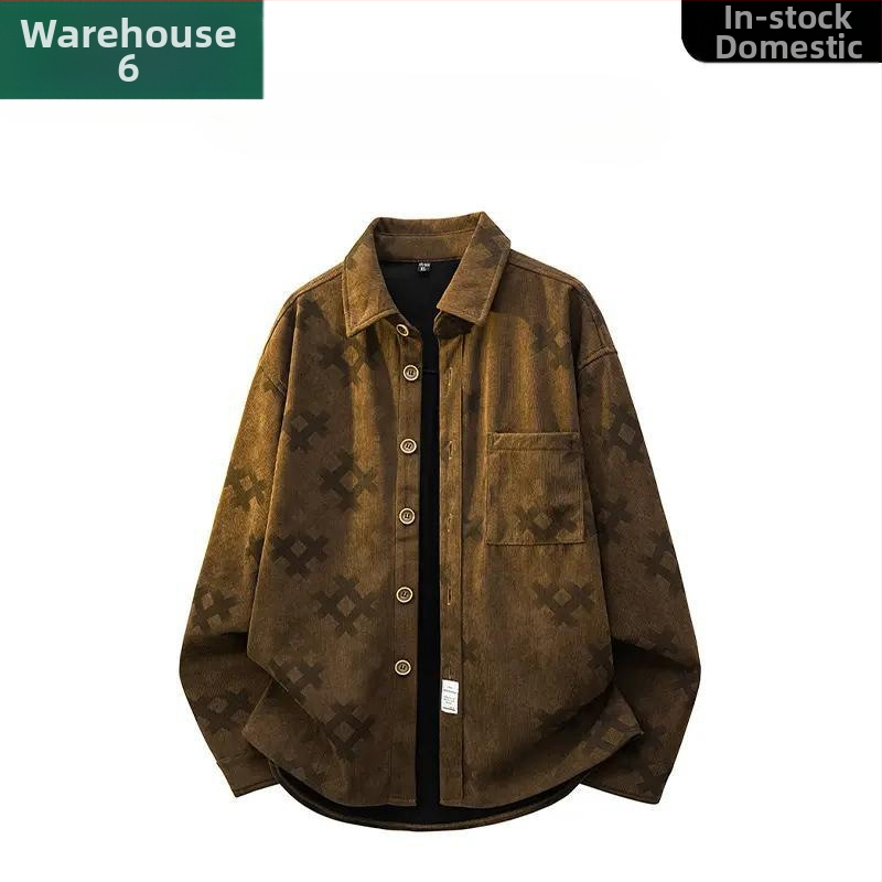 Jachetă-cămașă pentru bărbați cu imprimeu în grilă, 100% poliester, guler rever, croială lejeră