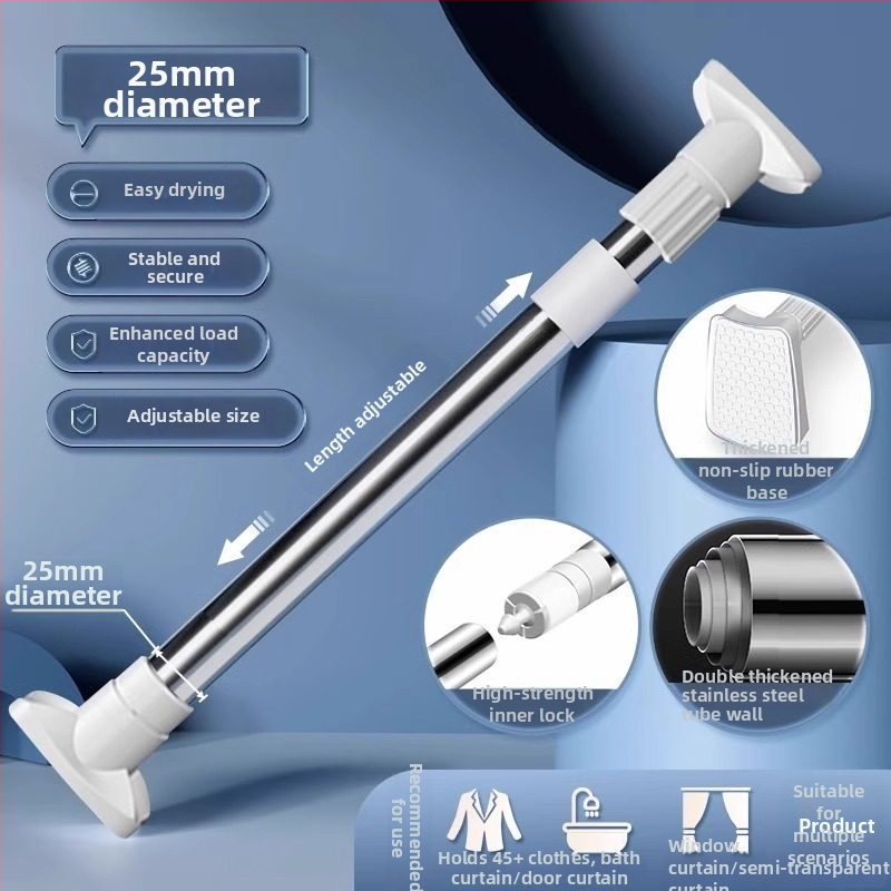 Bară telescopică pentru perdele, fără găuri – oțel, stil minimalist modern, pentru baie/dus, fereastră, ușă și garderobă