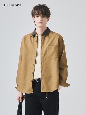 cămașă de bărbați cu mâneci lungi, croială lejeră, cusături în blocuri de model, guler PU, amestec poliester-bumbac