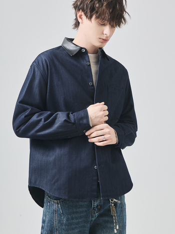 cămașă de bărbați cu mâneci lungi, croială lejeră, cusături în blocuri de model, guler PU, amestec poliester-bumbac