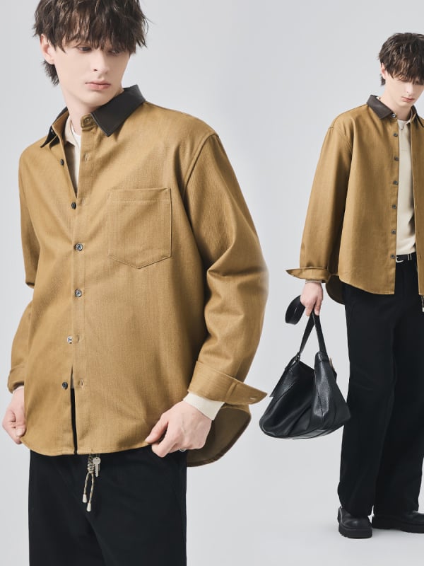 cămașă de bărbați cu mâneci lungi, croială lejeră, cusături în blocuri de model, guler PU, amestec poliester-bumbac