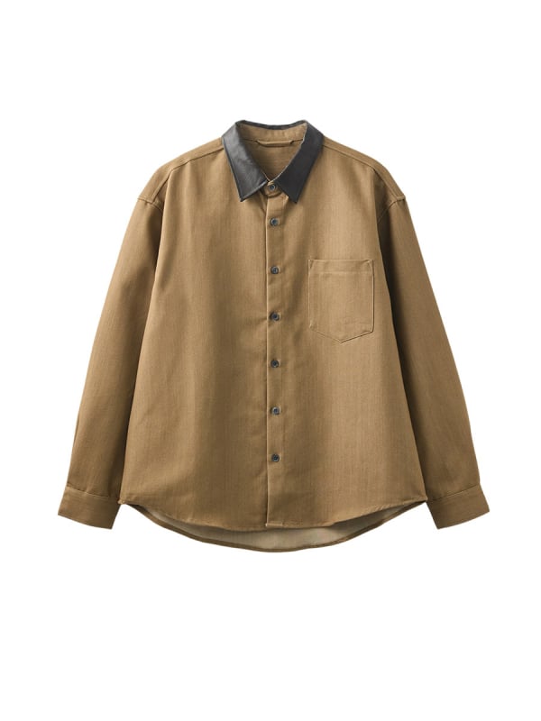 cămașă de bărbați cu mâneci lungi, croială lejeră, cusături în blocuri de model, guler PU, amestec poliester-bumbac