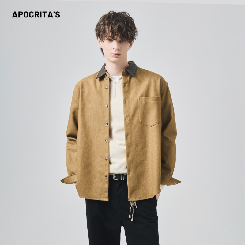 cămașă de bărbați cu mâneci lungi, croială lejeră, cusături în blocuri de model, guler PU, amestec poliester-bumbac