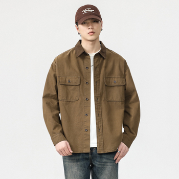 Cămașă denim pentru bărbați - stil japonez retro, croială relaxată, guler cu rever, mâneci lungi, buzunare detaliate, 100% bumbac, toamnă 2024