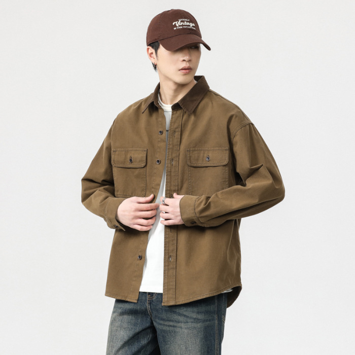 Cămașă denim pentru bărbați - stil japonez retro, croială relaxată, guler cu rever, mâneci lungi, buzunare detaliate, 100% bumbac, toamnă 2024