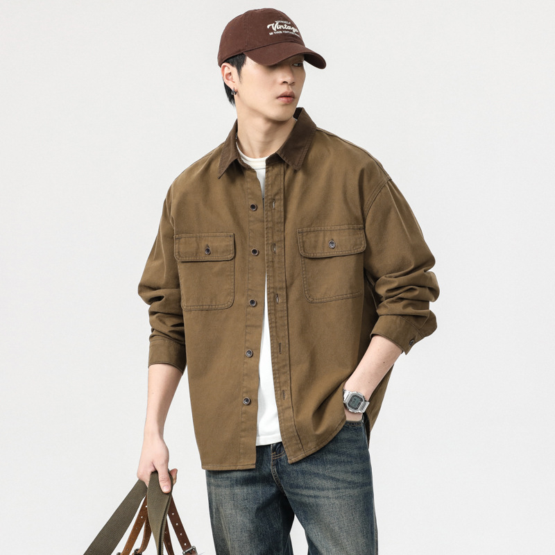 Cămașă denim pentru bărbați - stil japonez retro, croială relaxată, guler cu rever, mâneci lungi, buzunare detaliate, 100% bumbac, toamnă 2024