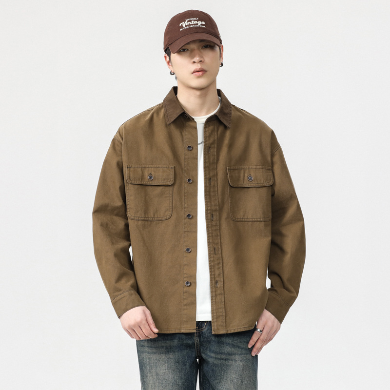 Cămașă denim pentru bărbați - stil japonez retro, croială relaxată, guler cu rever, mâneci lungi, buzunare detaliate, 100% bumbac, toamnă 2024