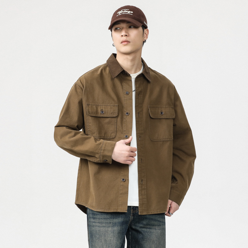 Cămașă denim pentru bărbați - stil japonez retro, croială relaxată, guler cu rever, mâneci lungi, buzunare detaliate, 100% bumbac, toamnă 2024