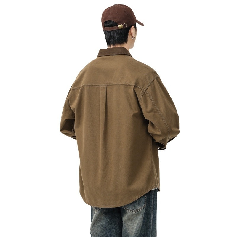 Cămașă denim pentru bărbați - stil japonez retro, croială relaxată, guler cu rever, mâneci lungi, buzunare detaliate, 100% bumbac, toamnă 2024