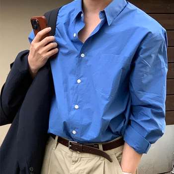 Cămașă bărbătească cu croială lejeră, stil coreean, din bumbac 96%, cu guler rever, mâneci lungi