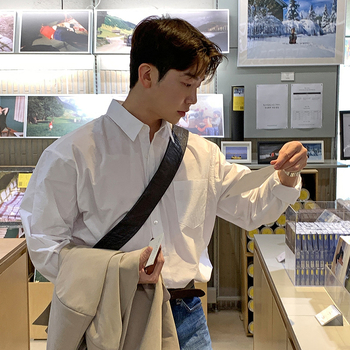 Cămașă bărbătească cu croială lejeră, stil coreean, din bumbac 96%, cu guler rever, mâneci lungi