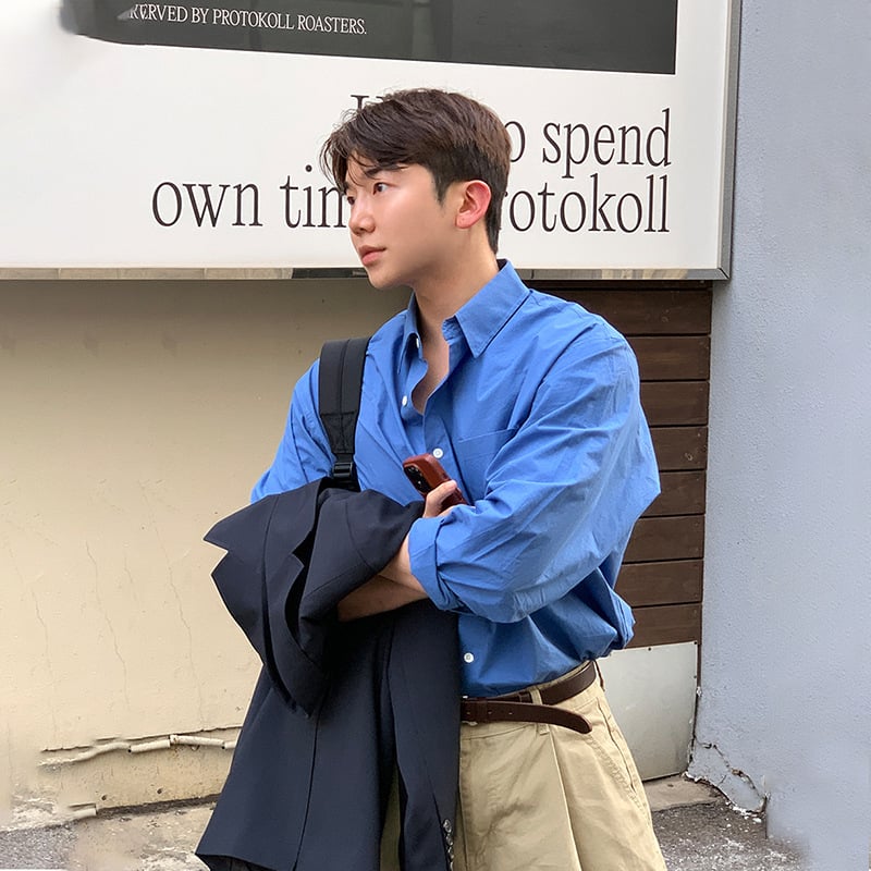 Cămașă bărbătească cu croială lejeră, stil coreean, din bumbac 96%, cu guler rever, mâneci lungi