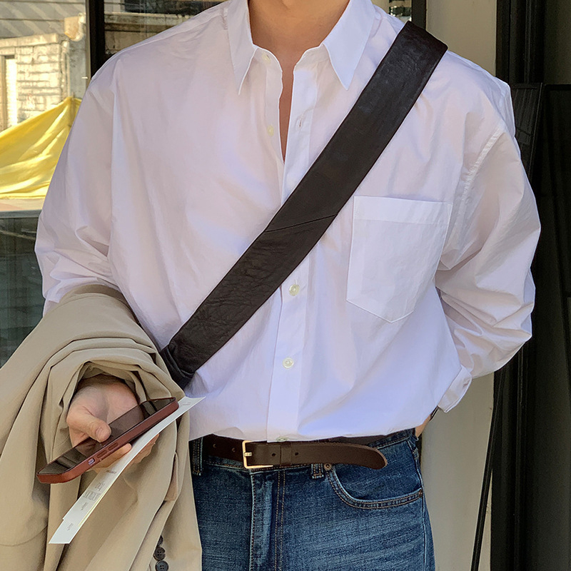 Cămașă bărbătească cu croială lejeră, stil coreean, din bumbac 96%, cu guler rever, mâneci lungi