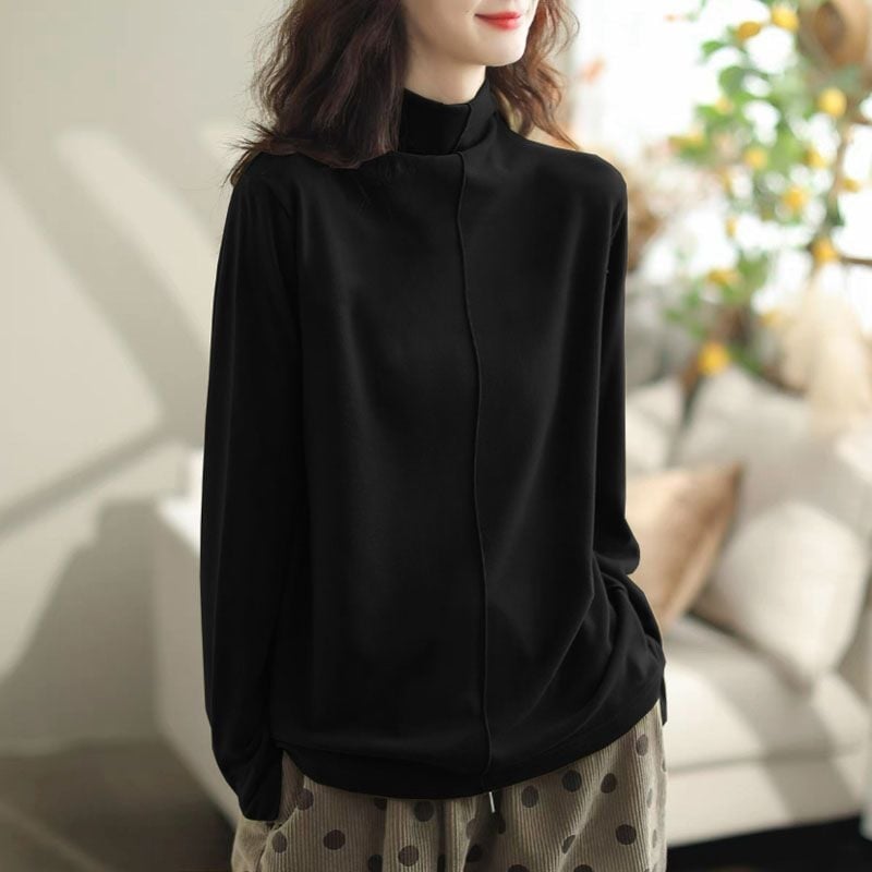 Tricou termic damă oversize, cu guler semi-înalt, broderie, țesătură plată, stil Royal Sister, primăvara 2025