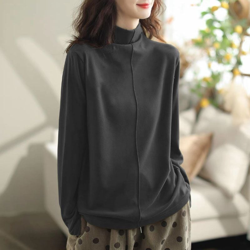 Tricou termic damă oversize, cu guler semi-înalt, broderie, țesătură plată, stil Royal Sister, primăvara 2025