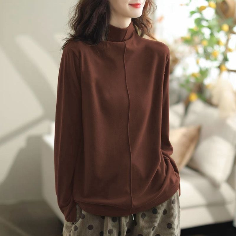 Tricou termic damă oversize, cu guler semi-înalt, broderie, țesătură plată, stil Royal Sister, primăvara 2025