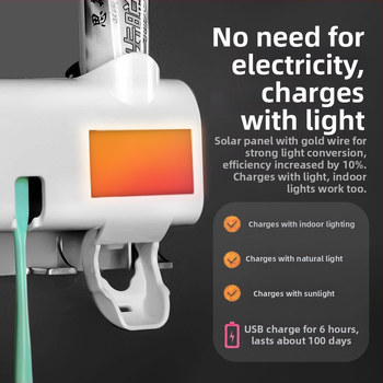 Suport pentru periuțe de dinți cu dezinfectare UV și dozator automat de pastă, montaj cu ventuză, corp din plastic, imprimare logo disponibilă