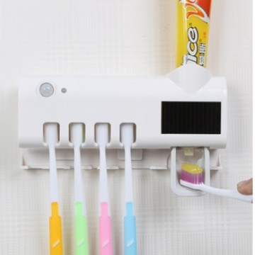 Suport pentru periuțe de dinți cu dezinfectare UV și dozator automat de pastă, montaj cu ventuză, corp din plastic, imprimare logo disponibilă