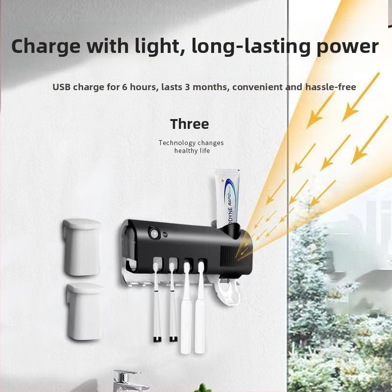 Suport pentru periuțe de dinți cu dezinfectare UV și dozator automat de pastă, montaj cu ventuză, corp din plastic, imprimare logo disponibilă