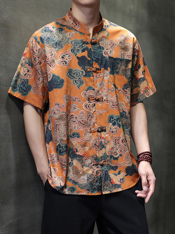 Cămașă bărbați în stil chinezesc pentru vară, poliester subțire, croială lejeră, guler înălțat, mânecă scurtă, imprimeu cu motiv nor-bambus