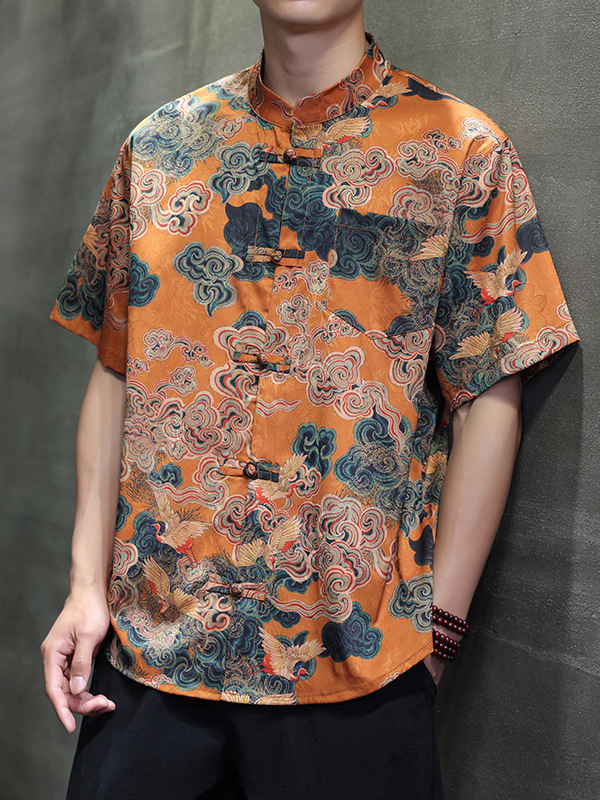 Cămașă bărbați în stil chinezesc pentru vară, poliester subțire, croială lejeră, guler înălțat, mânecă scurtă, imprimeu cu motiv nor-bambus