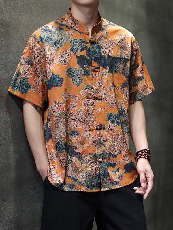 Cămașă bărbați în stil chinezesc pentru vară, poliester subțire, croială lejeră, guler înălțat, mânecă scurtă, imprimeu cu motiv nor-bambus