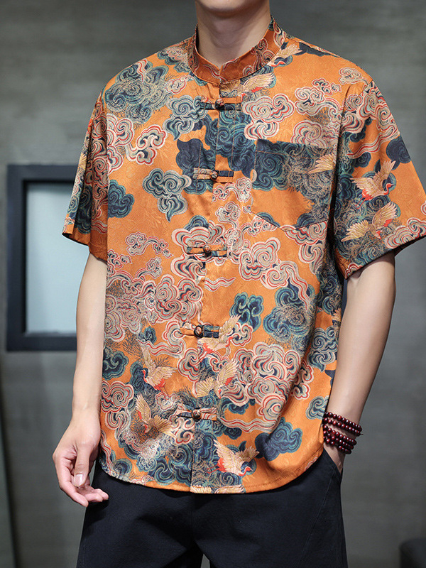 Cămașă bărbați în stil chinezesc pentru vară, poliester subțire, croială lejeră, guler înălțat, mânecă scurtă, imprimeu cu motiv nor-bambus