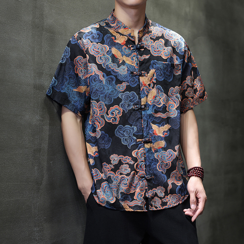 Cămașă bărbați în stil chinezesc pentru vară, poliester subțire, croială lejeră, guler înălțat, mânecă scurtă, imprimeu cu motiv nor-bambus