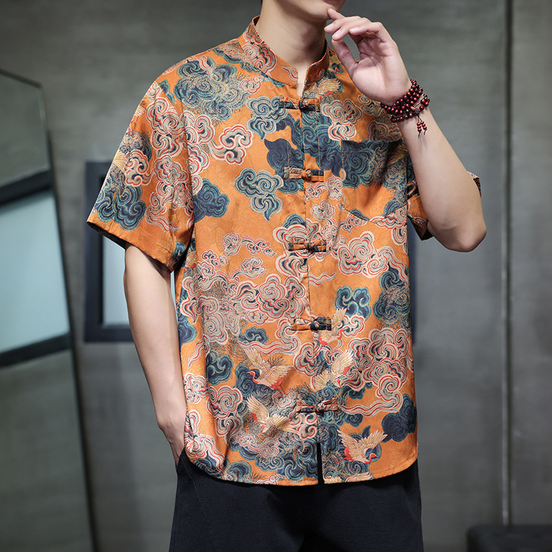 Cămașă bărbați în stil chinezesc pentru vară, poliester subțire, croială lejeră, guler înălțat, mânecă scurtă, imprimeu cu motiv nor-bambus