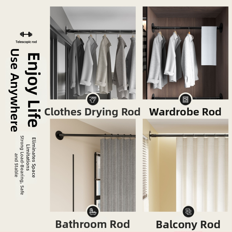 Bară pentru perdea de duș, design unghiular universal, telescopică, fără găuri, din oțel carbon