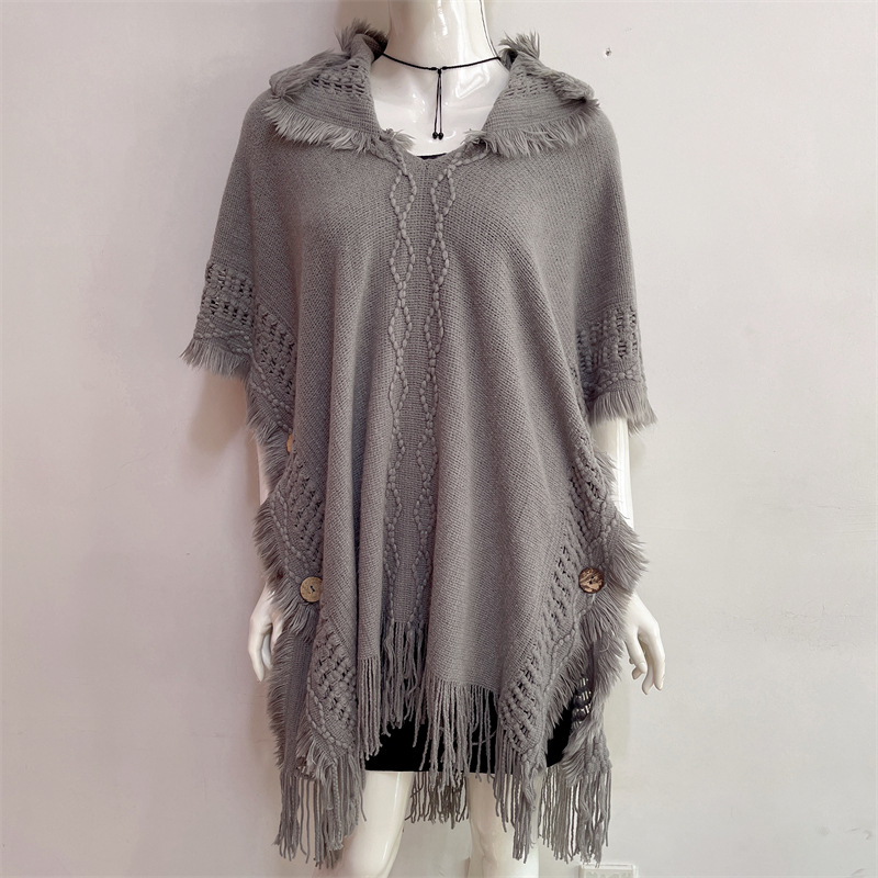 Pulover tricotat pentru femei, cu glugă, mâneci tip bat, acrilic 95%+, lungime medie