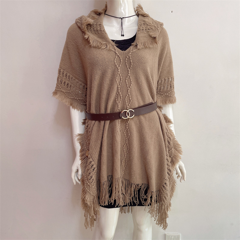 Pulover tricotat pentru femei, cu glugă, mâneci tip bat, acrilic 95%+, lungime medie