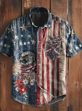 Cămașă pentru bărbați cu mânecă scurtă, stil retro japonez, detalii inspirate de cardigan, guler rever, imprimeu