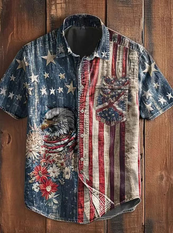 Cămașă pentru bărbați cu mânecă scurtă, stil retro japonez, detalii inspirate de cardigan, guler rever, imprimeu