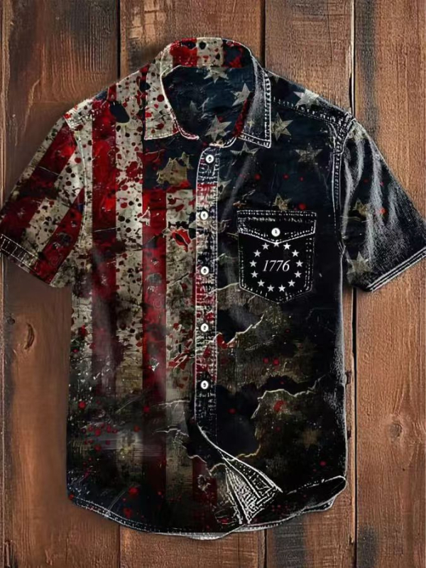 Cămașă pentru bărbați cu mânecă scurtă, stil retro japonez, detalii inspirate de cardigan, guler rever, imprimeu