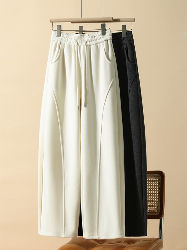 Női gyapjúkeverék nadrág fleece béléssel, magas derék, egyenes szabás, téli 2025, kis méretek számára