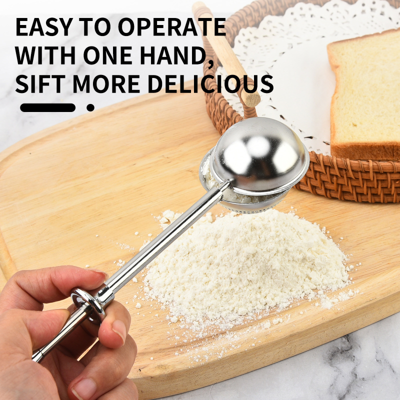 Dispersor de praf cu apăsare – sită pentru făină semi-deschisă, unelte de bucătărie pentru coacere, recipient sferic pentru zahăr pudră și condimente