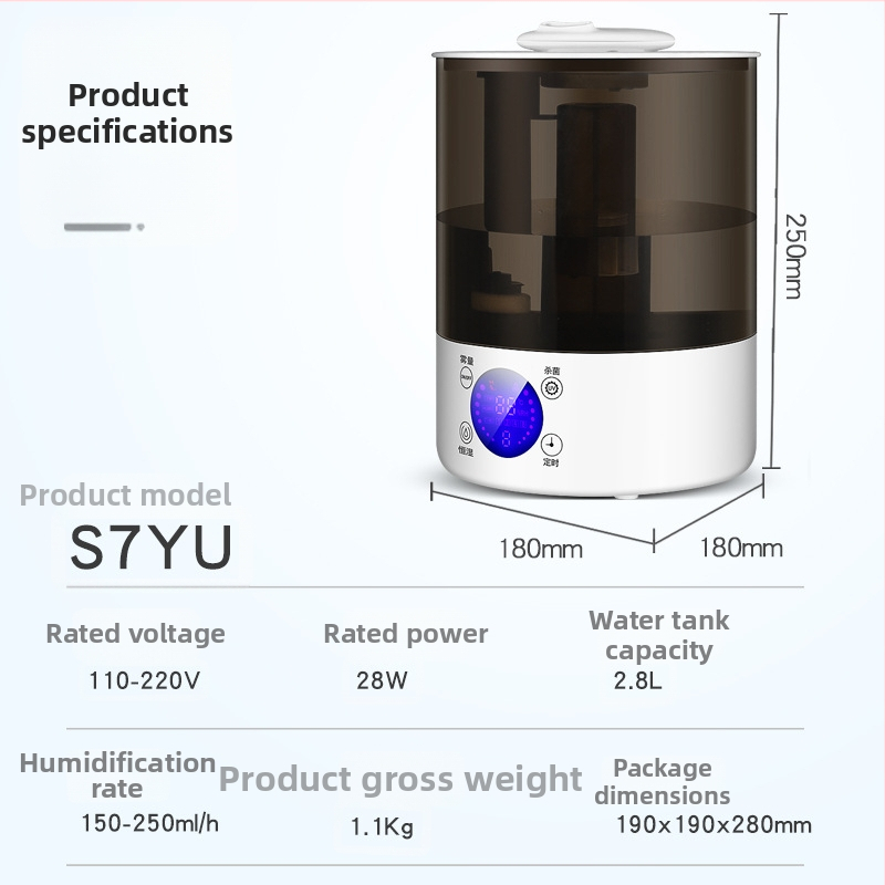 Umidificator cu ultrasunete, rezervor 2,6–4,0 L, acoperire 21–30 m², telecomandă, temporizator 2–8 ore